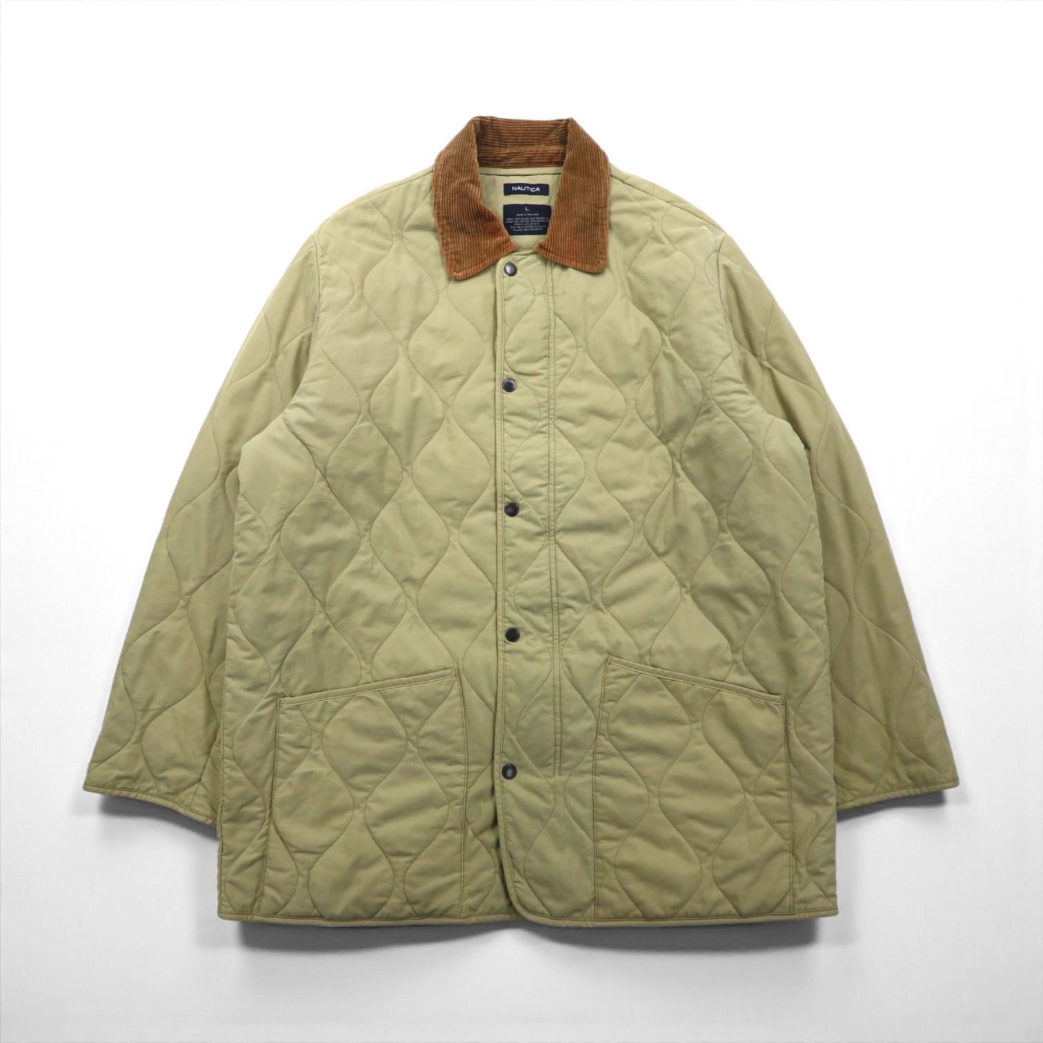 NAUTICA Quilted Jacket, Size L, Beige, Check Lining, Corduroy Collar, Padded, Smart Fabric Technology, Snap Buttons, Zipper Closure