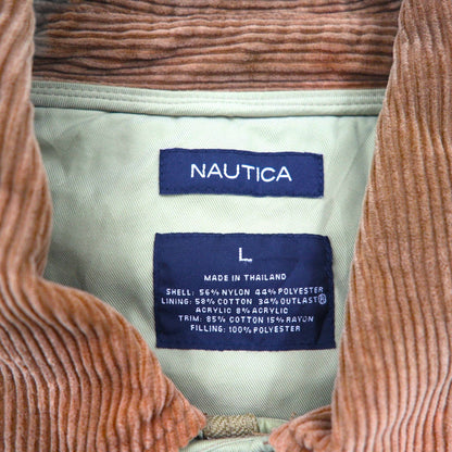 NAUTICA Quilted Jacket, Size L, Beige, Check Lining, Corduroy Collar, Padded, Smart Fabric Technology, Snap Buttons, Zipper Closure