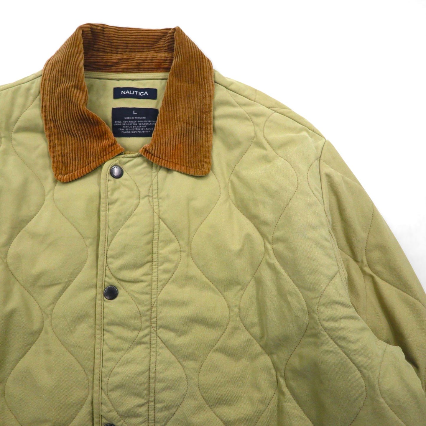 NAUTICA Quilted Jacket, Size L, Beige, Check Lining, Corduroy Collar, Padded, Smart Fabric Technology, Snap Buttons, Zipper Closure