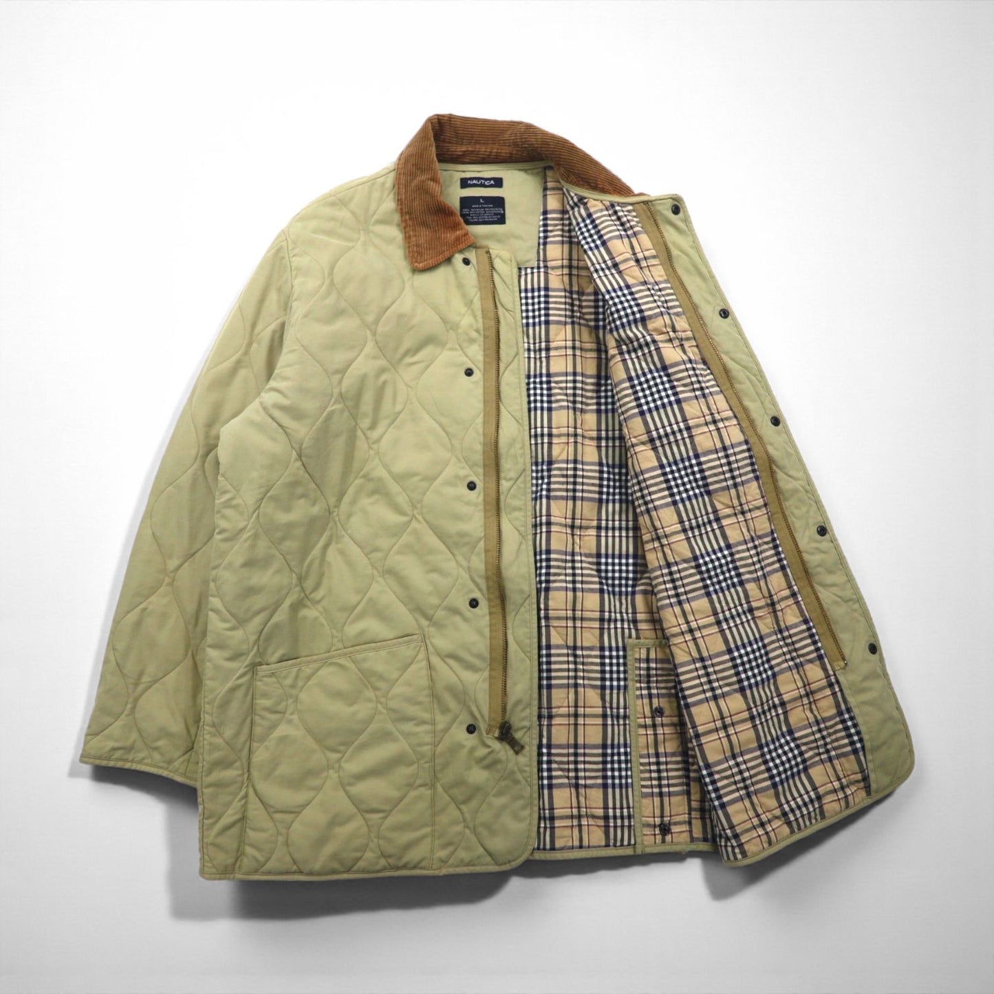 NAUTICA Quilted Jacket, Size L, Beige, Check Lining, Corduroy Collar, Padded, Smart Fabric Technology, Snap Buttons, Zipper Closure