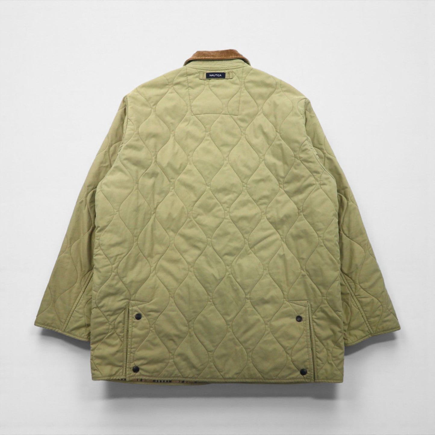 NAUTICA Quilted Jacket, Size L, Beige, Check Lining, Corduroy Collar, Padded, Smart Fabric Technology, Snap Buttons, Zipper Closure