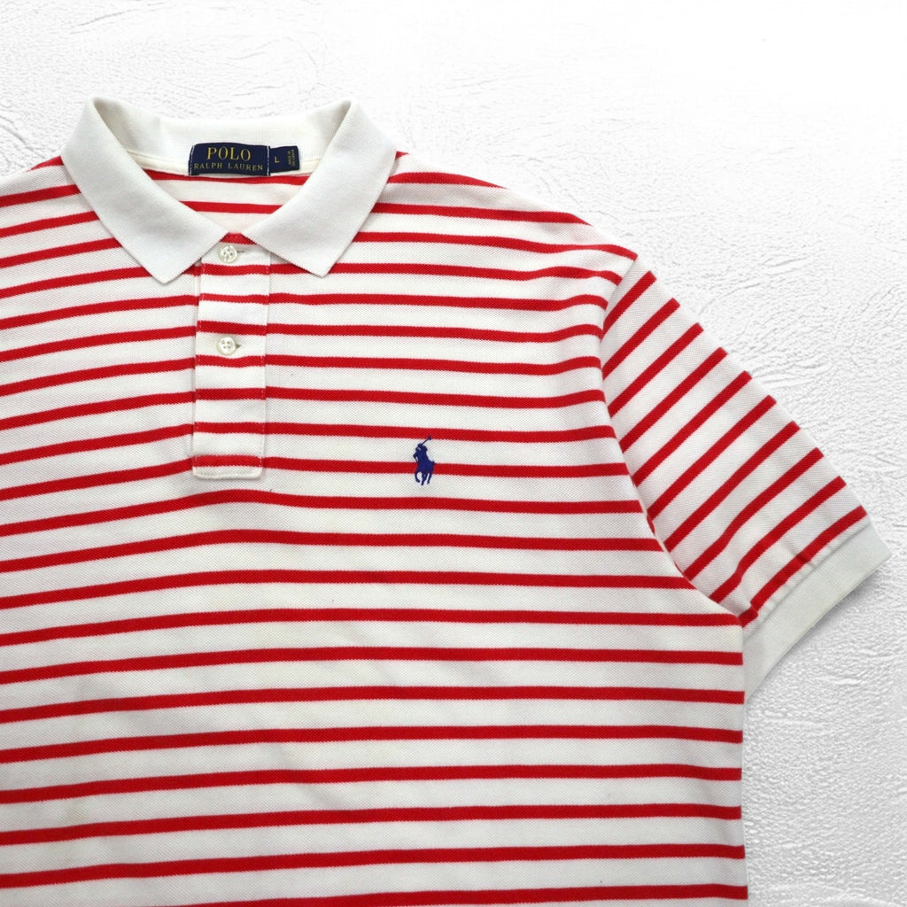 POLO RALPH LAUREN Striped Polo Shirt L White Orange Cotton Small Pony Embroidery