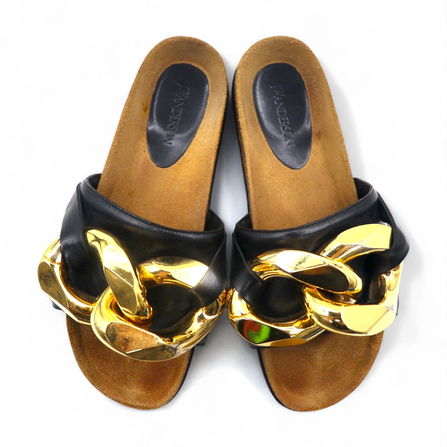 JW ANDERSON Gold Chain Slide Sandals, Sizes 26-26.5cm, Black Metal and Leather