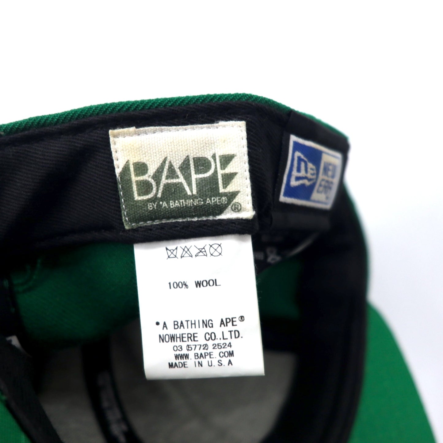 BAPE BY A BATHING APE × NEW ERA USA製 ベースボールキャップ 59.6cm グリーン ウール ロゴ刺繍 BAPESTA