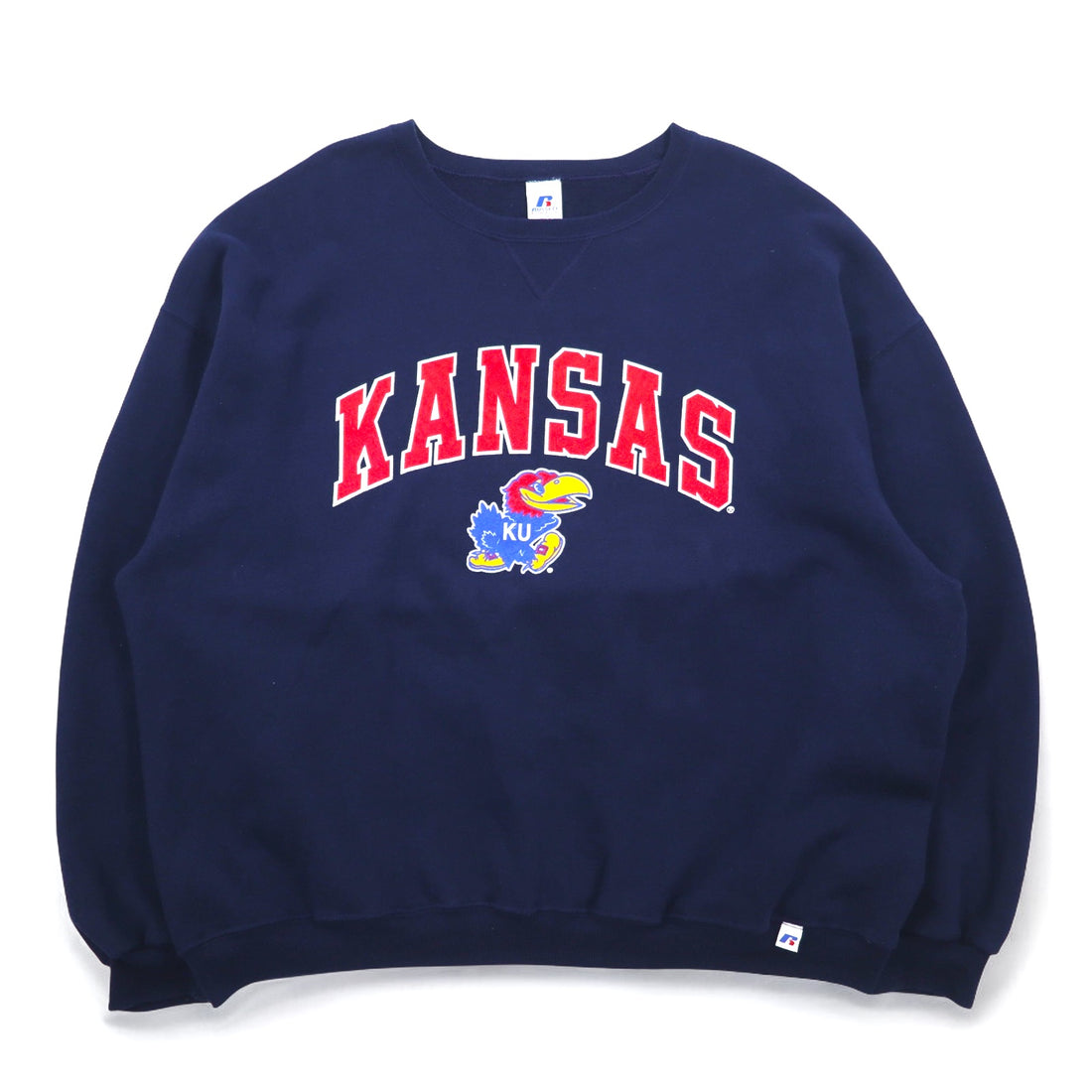 RUSSELL ATHLETIC 90s College Print Sweatshirt XXL Navy KANSAS Arch Logo Made in El Salvador