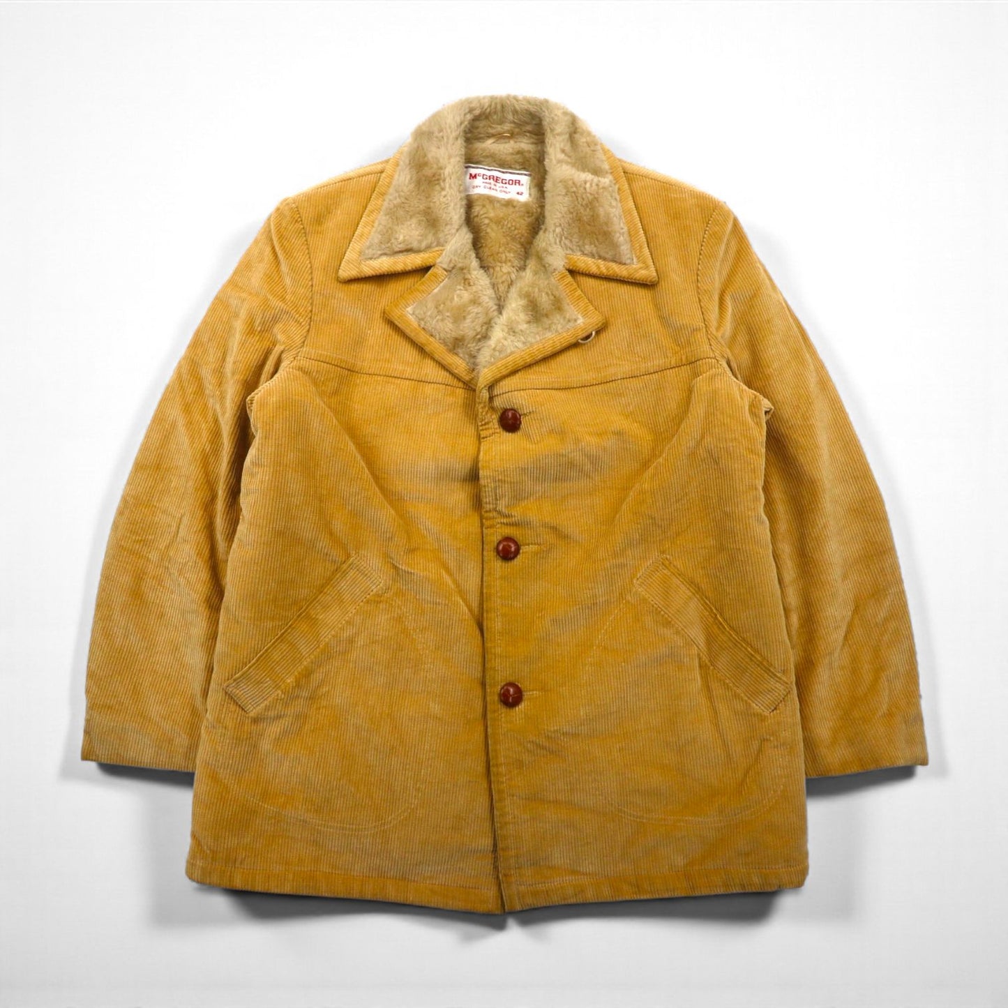 McGREGOR 1970s USA-Made Sherpa Lunch Coat/Boa Jacket, Size XL, with Covered Buttons and Wide Ribbed Corduroy