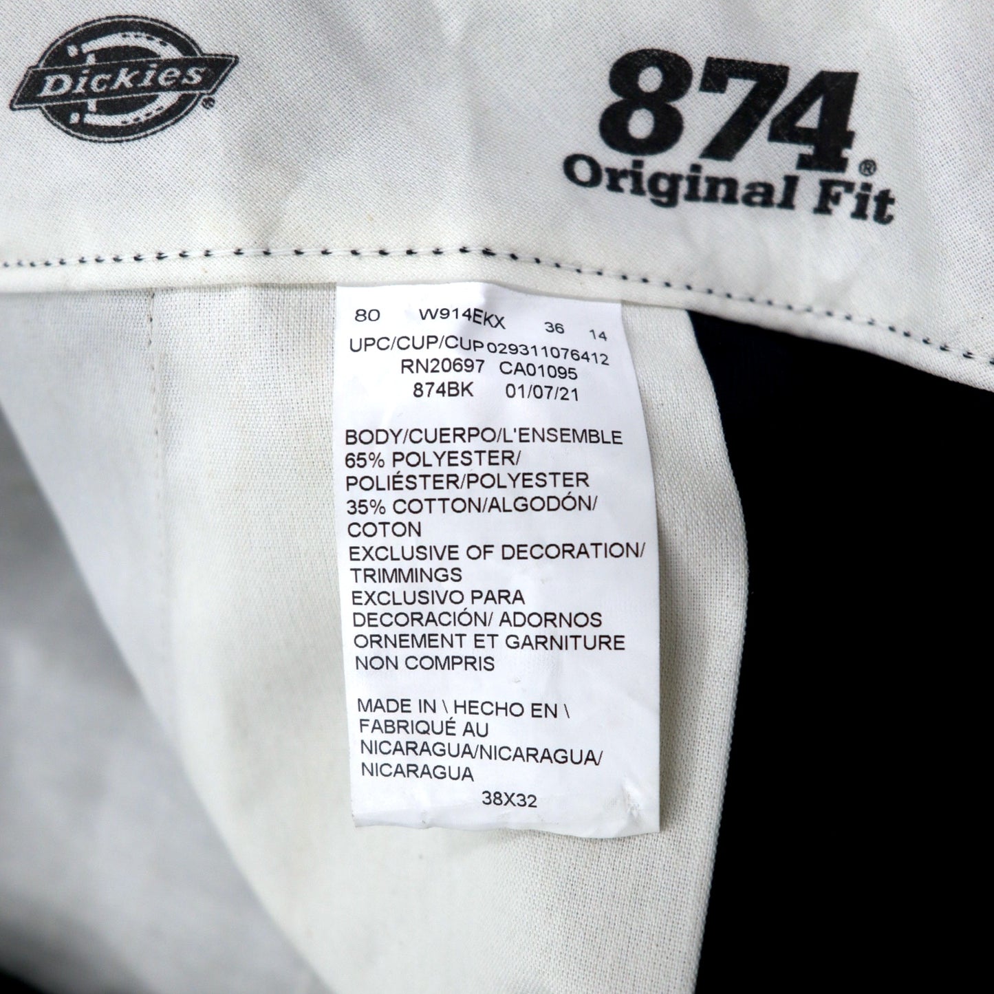 Dickies 874 オリジナルフィット ワーク チノパンツ 38 ブラック ポリエステル コットン ニカラグア製 未使用品