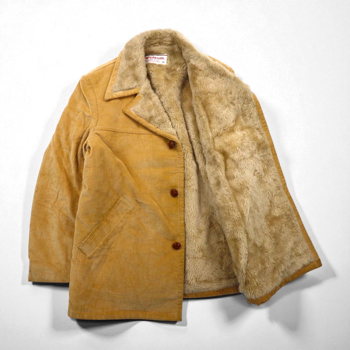 McGREGOR 1970s USA-Made Sherpa Lunch Coat/Boa Jacket, Size XL, with Covered Buttons and Wide Ribbed Corduroy
