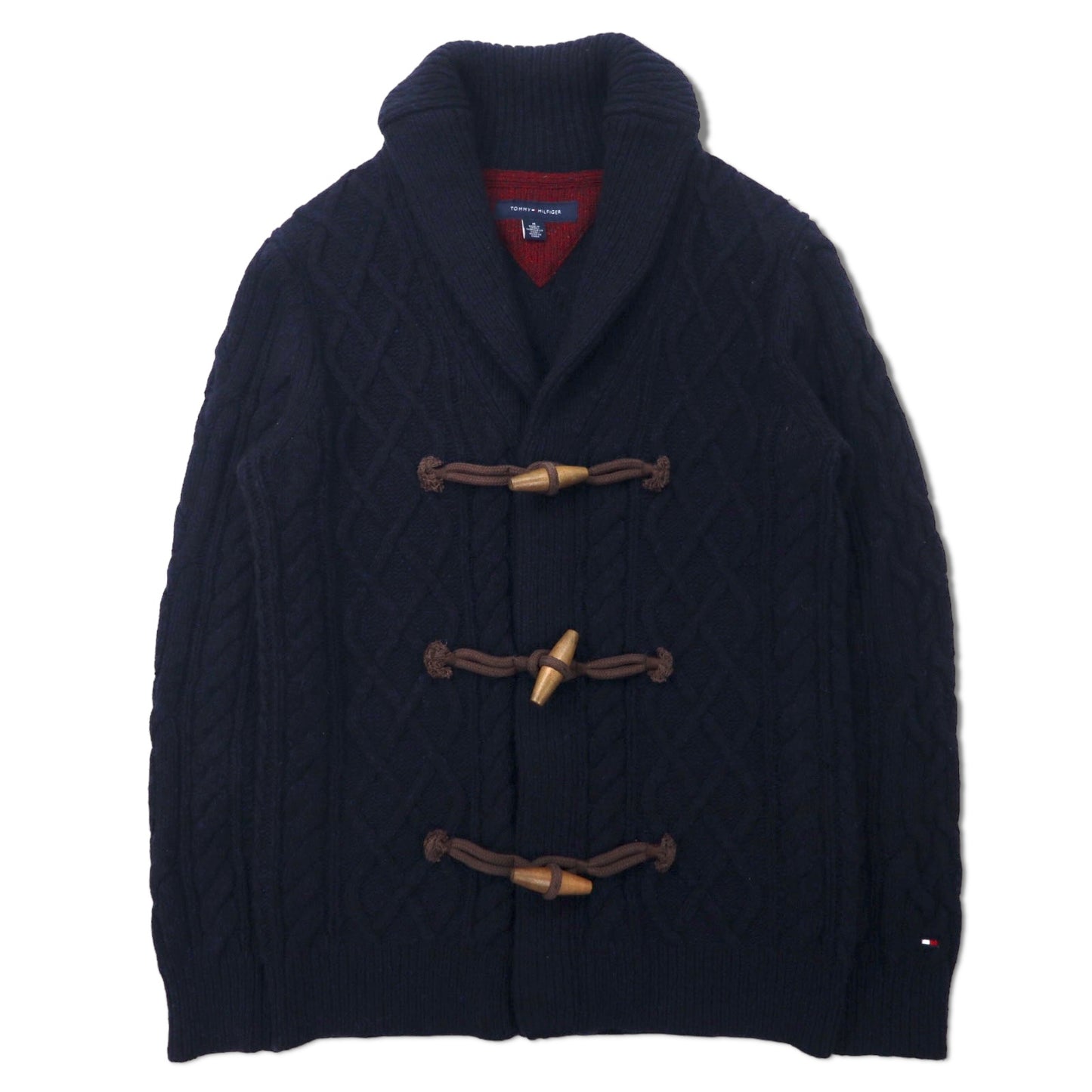 TOMMY HILFIGER ショールカラー ローゲージ ニット カーディガン M ネイビー ウール コットン トグルボタン エルボーパッチ