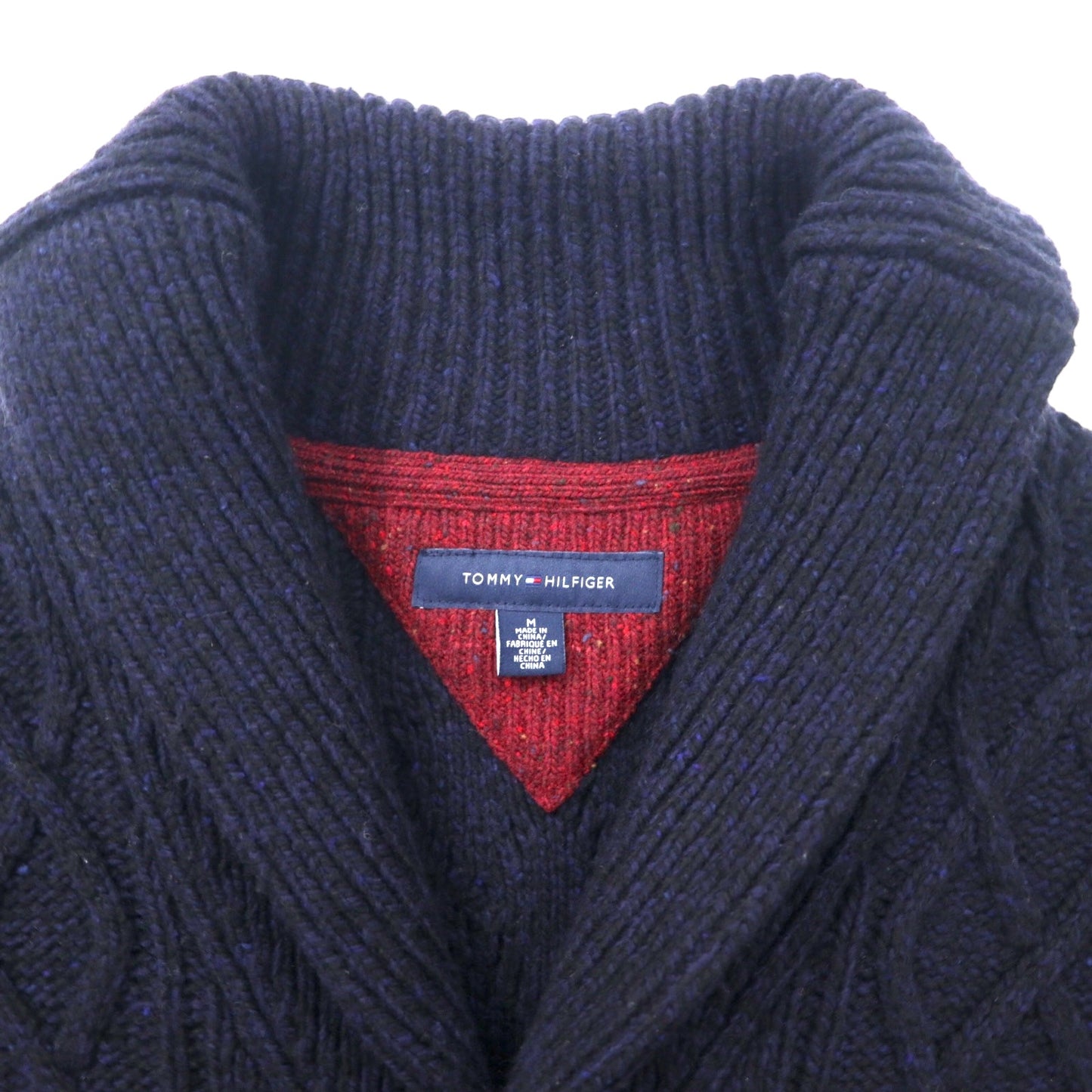 TOMMY HILFIGER ショールカラー ローゲージ ニット カーディガン M ネイビー ウール コットン トグルボタン エルボーパッチ