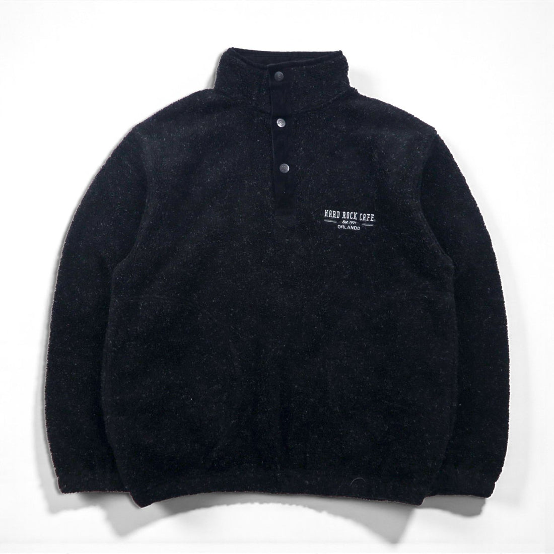 Hard Rock Cafe 90s Half-Snap Boa Fleece Jacket, Size L, Black, with OAKLAND One-Point Logo Embroidery
