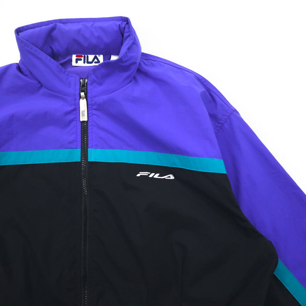 FILA 90s Nylon Jacket L Black Purple Drawstring Retractable Hood Double Zip