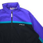 FILA 90s Nylon Jacket L Black Purple Drawstring Retractable Hood Double Zip