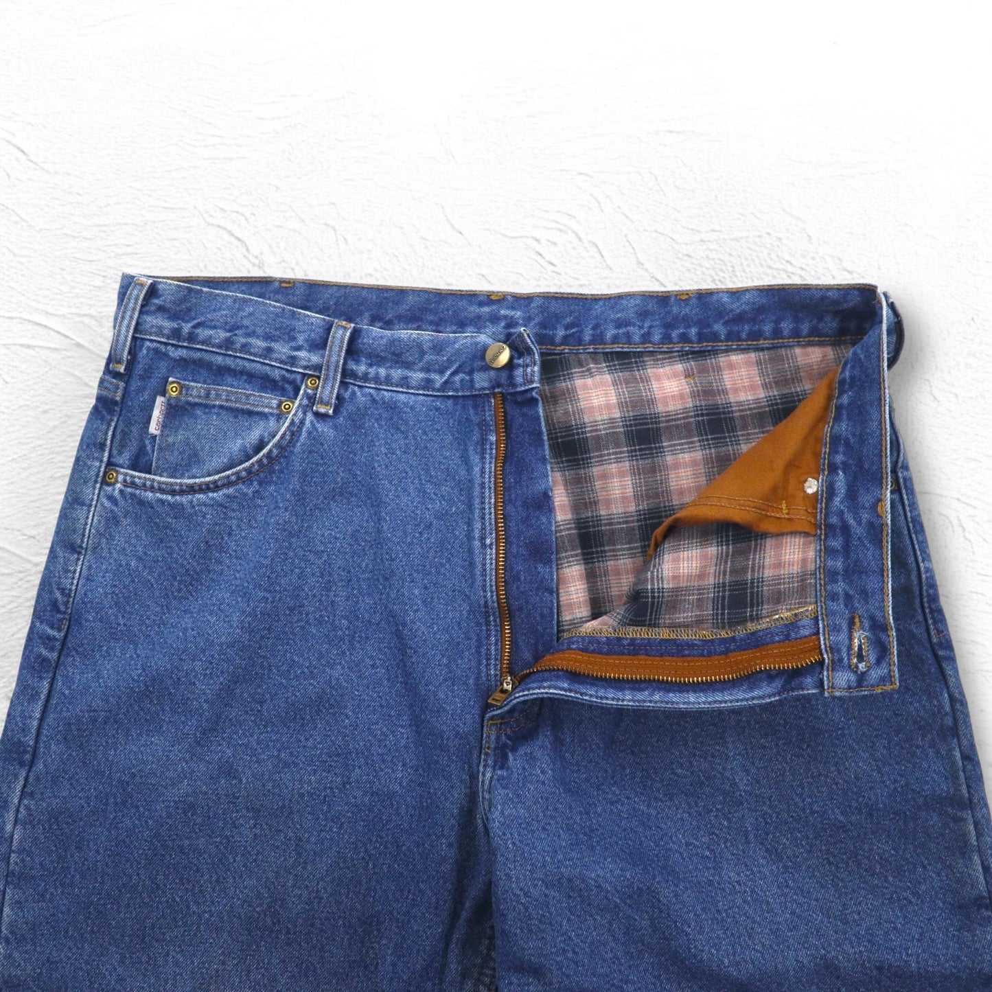 Carhartt Relaxed Fit Flannel Liner Denim Pants XL Indigo Blue Check Lining B172 DST Made in Mexico
