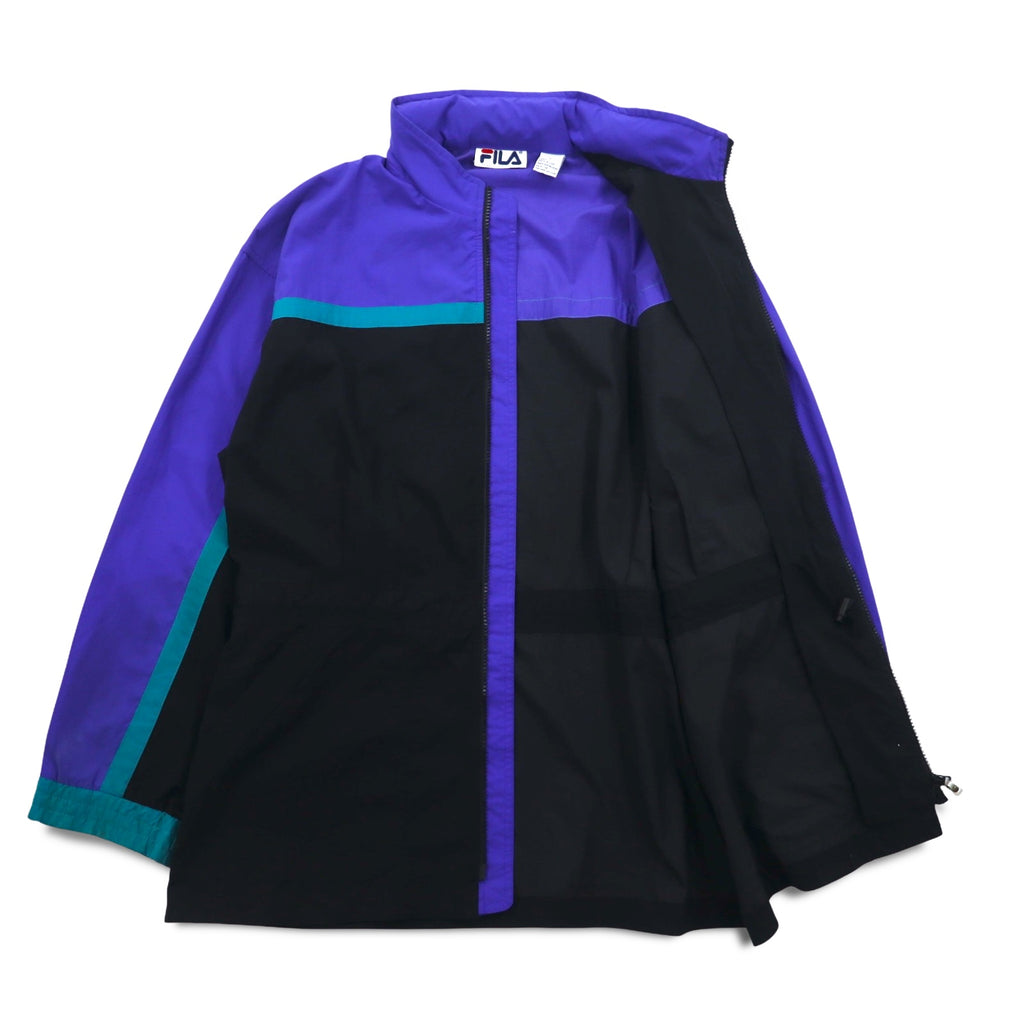 FILA 90s Nylon Jacket L Black Purple Drawstring Retractable Hood Double Zip