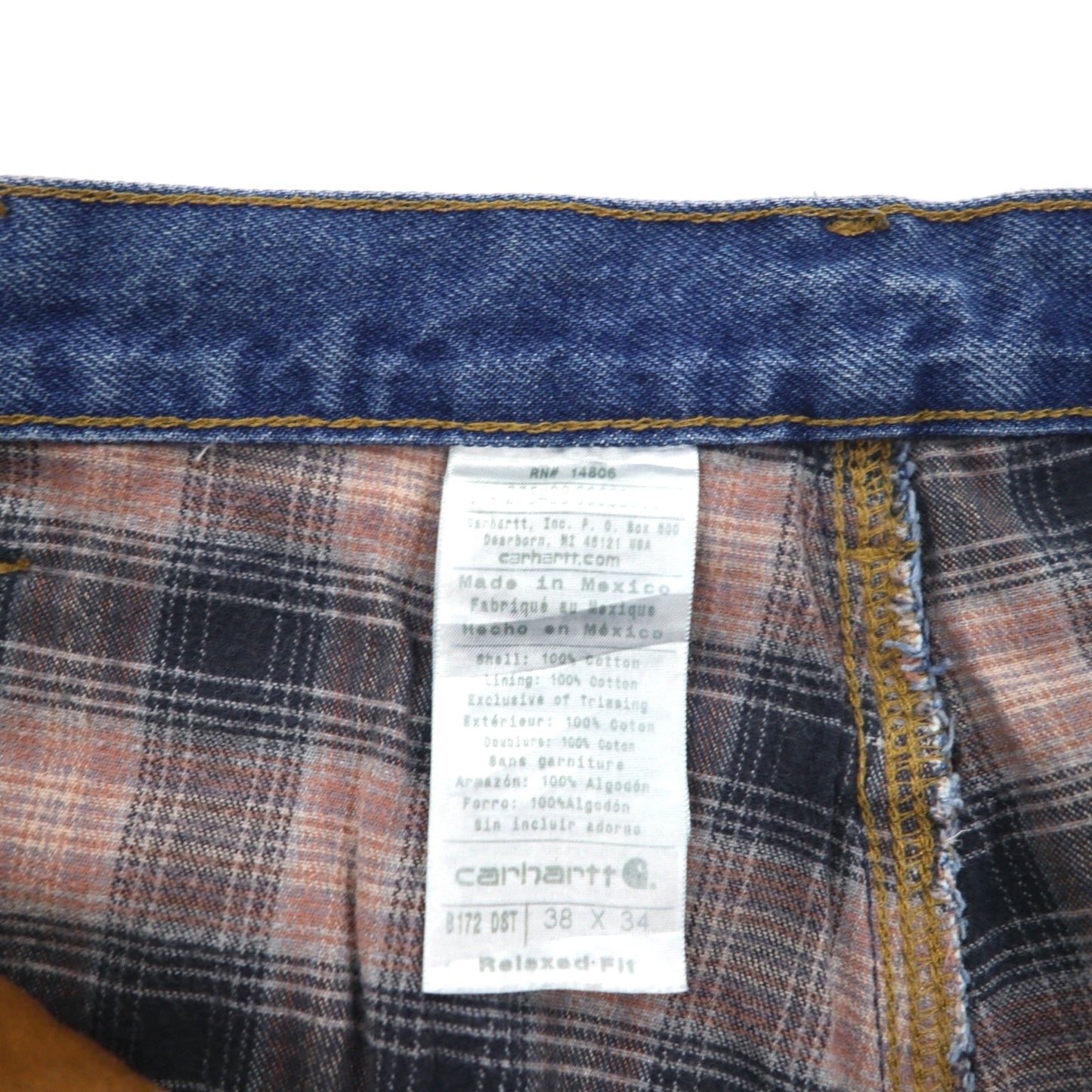 Carhartt Relaxed Fit Flannel Liner Denim Pants XL Indigo Blue Check Lining B172 DST Made in Mexico