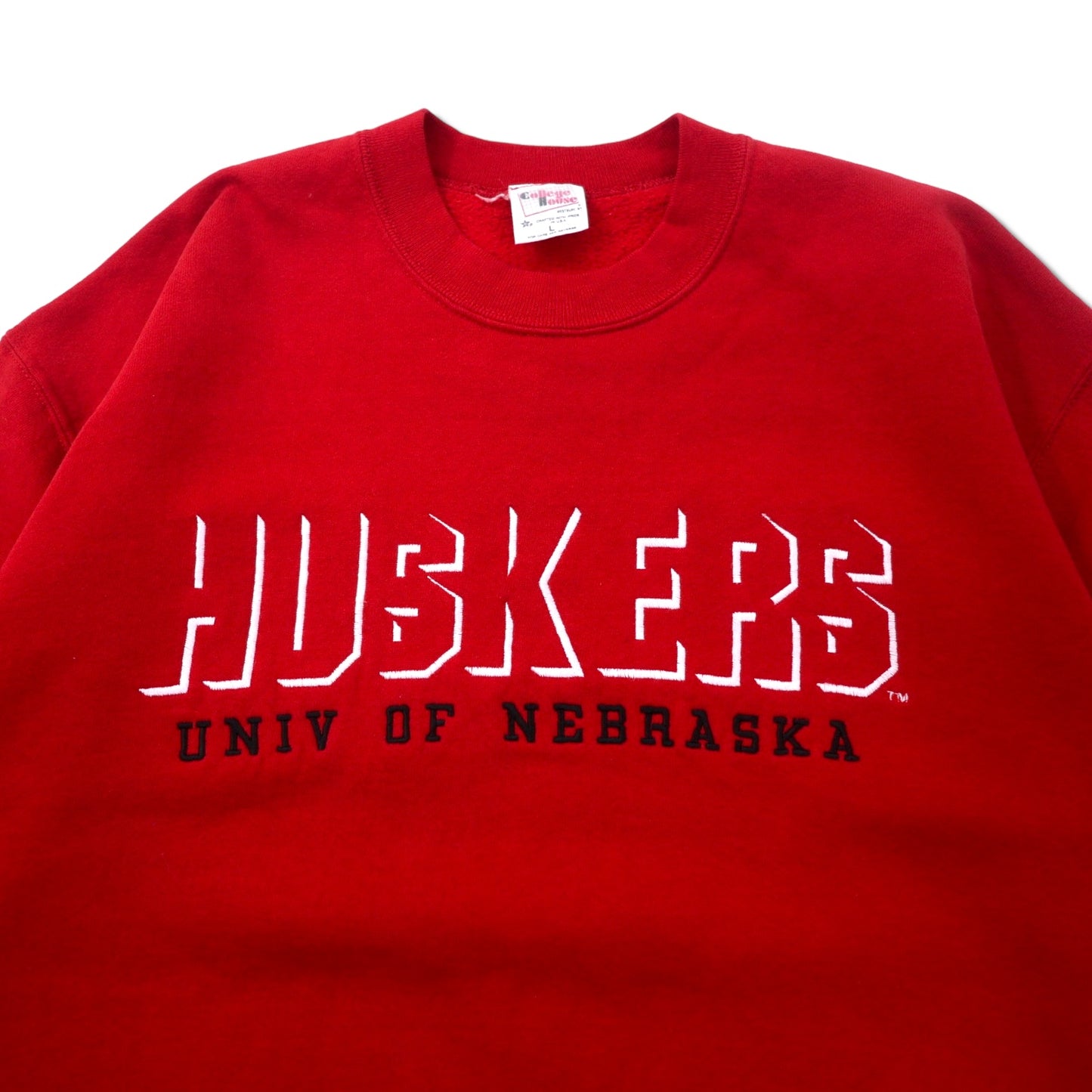 College House USA製 90年代 カレッジ刺繍 スウェット L レッド コットン 裏起毛 フットボール HUSKERS UNIV OF NEBRASKA