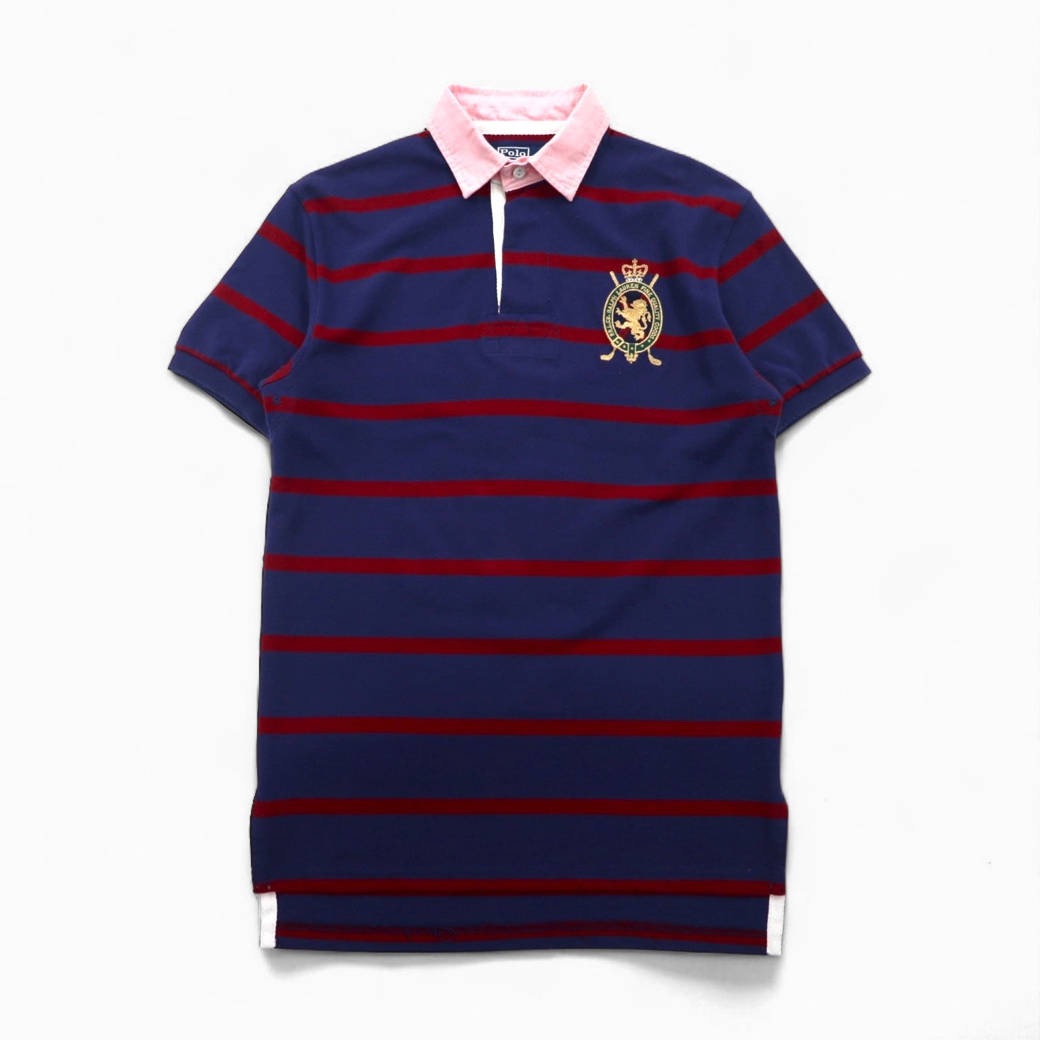Polo by Ralph Lauren 90s Striped Polo Shirt, Size M, Navy and Red, Cotton, Pique, Embroidered Emblem Logo