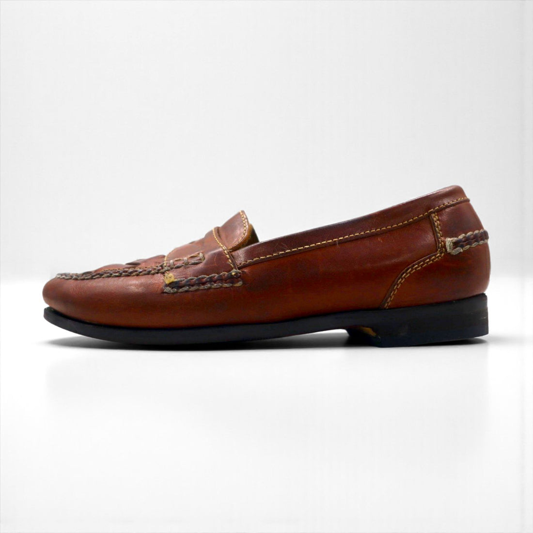 JOHNSTON &amp; MURPHY Intrecciato Penny Loafers, 26cm, Brown, Braided with Passport Coin, Made in Brazil