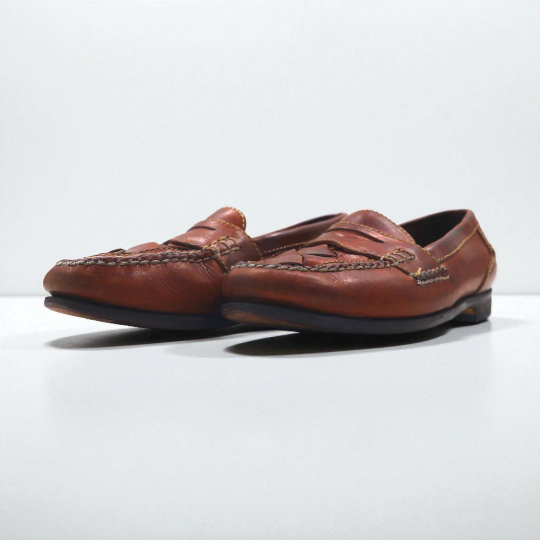JOHNSTON &amp; MURPHY Intrecciato Penny Loafers, 26cm, Brown, Braided with Passport Coin, Made in Brazil
