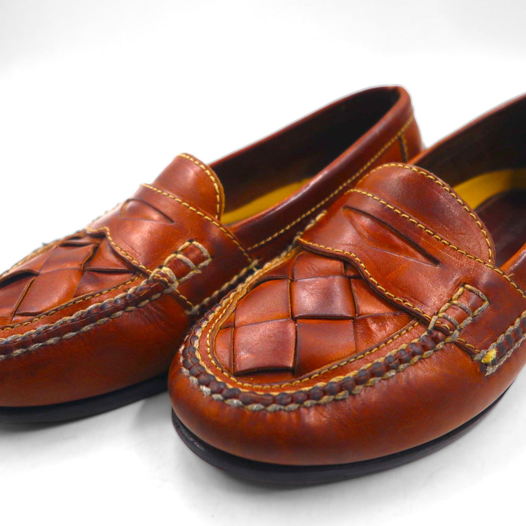 JOHNSTON &amp; MURPHY Intrecciato Penny Loafers, 26cm, Brown, Braided with Passport Coin, Made in Brazil