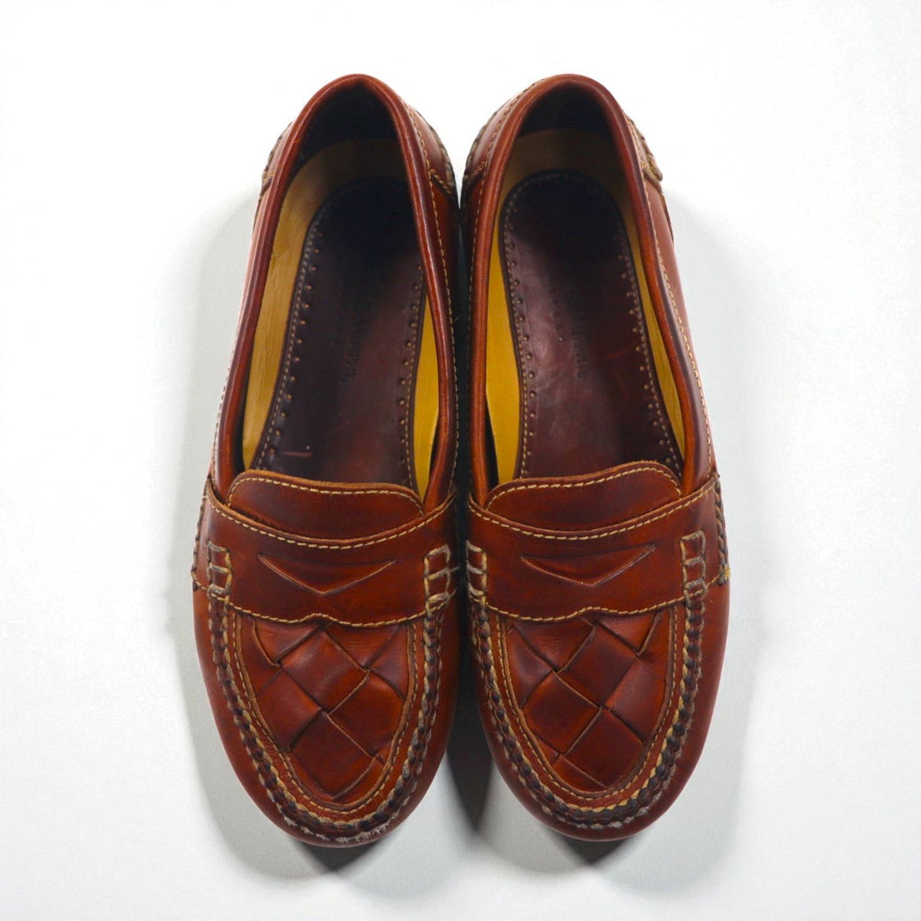 JOHNSTON &amp; MURPHY Intrecciato Penny Loafers, 26cm, Brown, Braided with Passport Coin, Made in Brazil