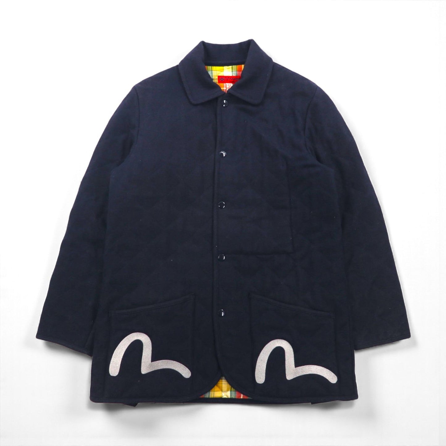YAMANE (EVISU) Tweed Quilted Jacket, Size L, Navy, Embroidered Seagull Print, Padding, Tartan Check Lining