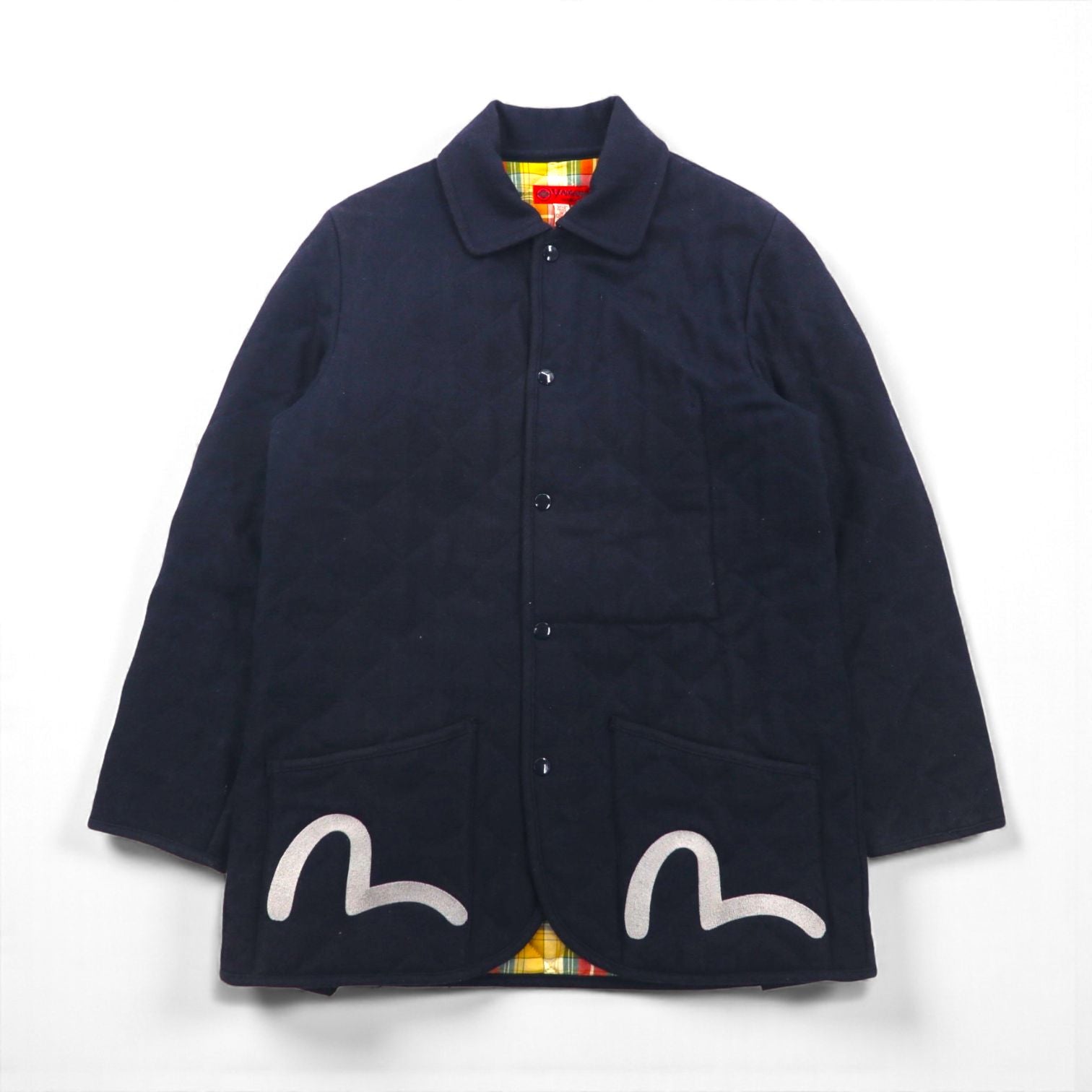 YAMANE (EVISU) Tweed Quilted Jacket, Size L, Navy, Embroidered Seagull Print, Padding, Tartan Check Lining