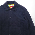 YAMANE (EVISU) Tweed Quilted Jacket, Size L, Navy, Embroidered Seagull Print, Padding, Tartan Check Lining
