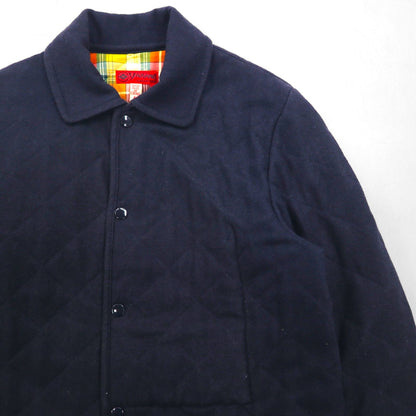 YAMANE (EVISU) Tweed Quilted Jacket, Size L, Navy, Embroidered Seagull Print, Padding, Tartan Check Lining