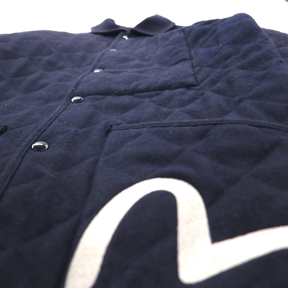 YAMANE (EVISU) Tweed Quilted Jacket, Size L, Navy, Embroidered Seagull Print, Padding, Tartan Check Lining