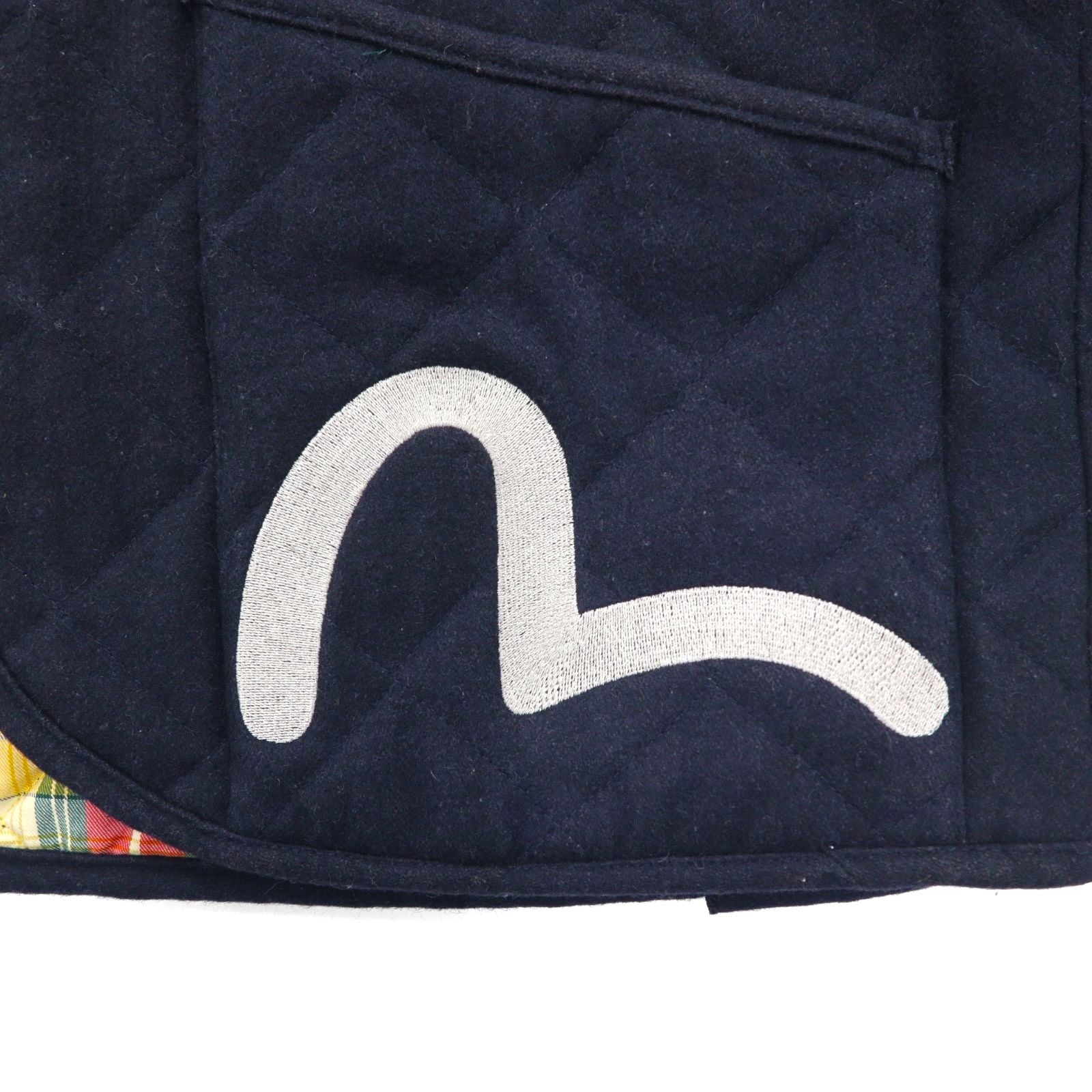 YAMANE (EVISU) Tweed Quilted Jacket, Size L, Navy, Embroidered Seagull Print, Padding, Tartan Check Lining