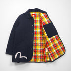 YAMANE (EVISU) Tweed Quilted Jacket, Size L, Navy, Embroidered Seagull Print, Padding, Tartan Check Lining