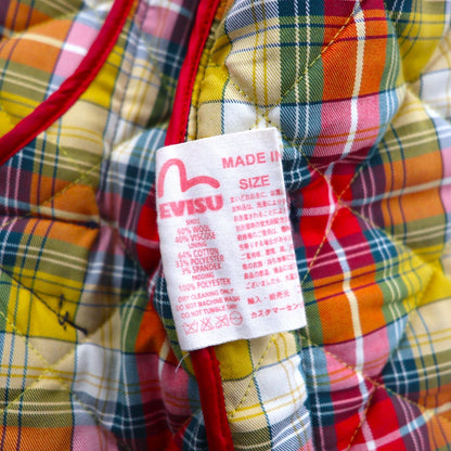 YAMANE (EVISU) Tweed Quilted Jacket, Size L, Navy, Embroidered Seagull Print, Padding, Tartan Check Lining