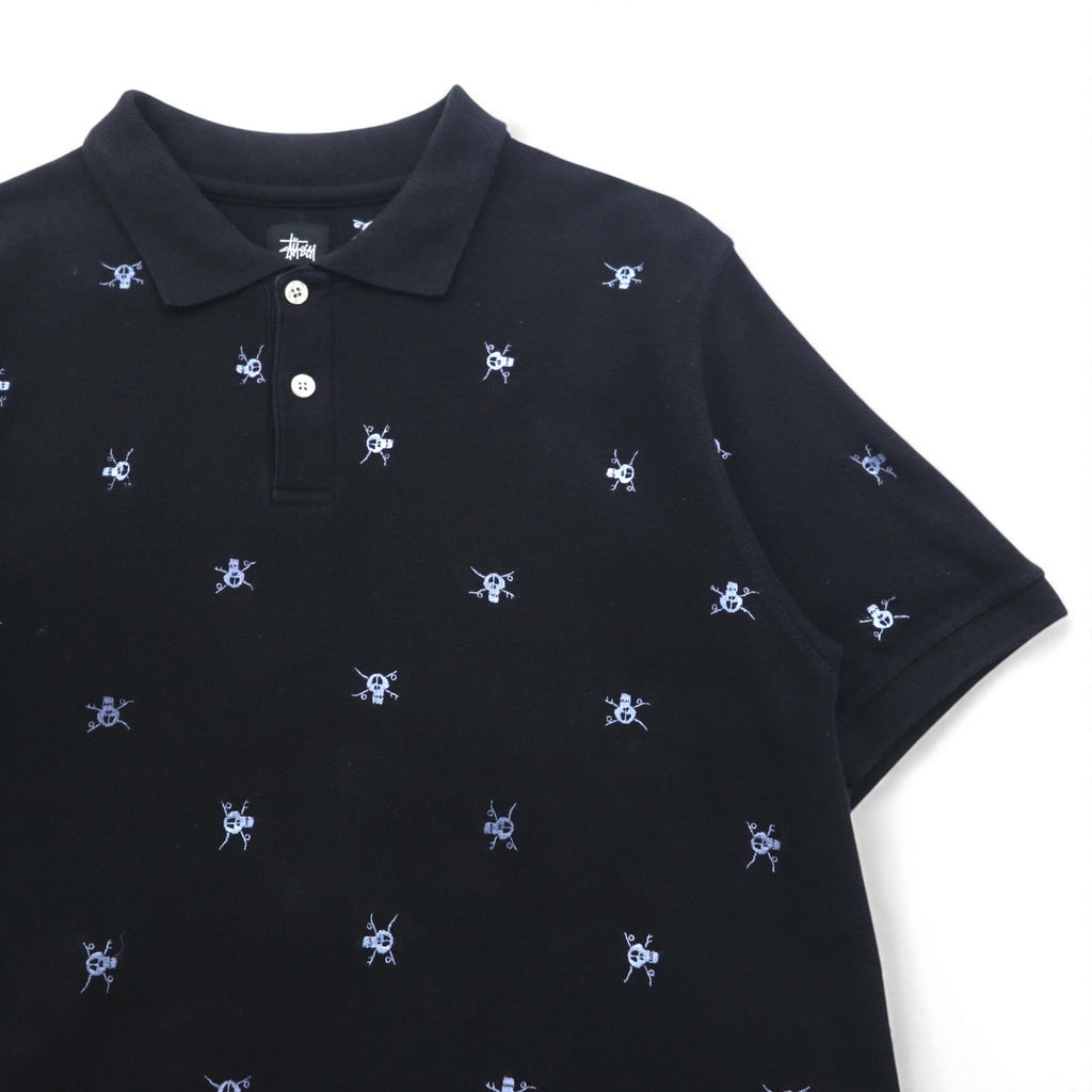 Stussy Skull Embroidered Polo Shirt, Size M, Black Cotton, Pique All-Over Print