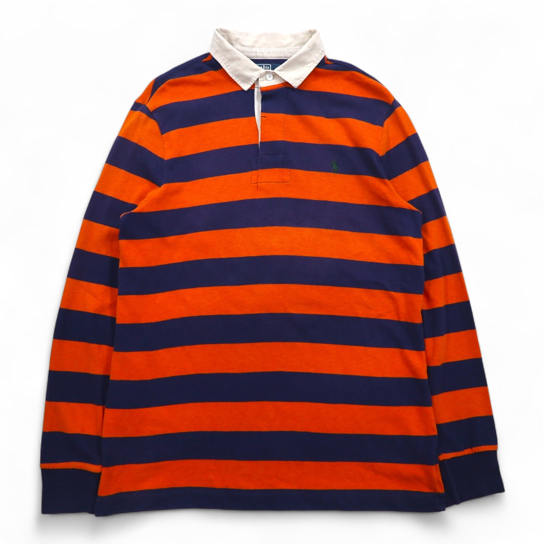 Polo by Ralph Lauren 90s Striped Rugby Shirt L Orange Navy CUSTOM FIT Small Pony Embroidery