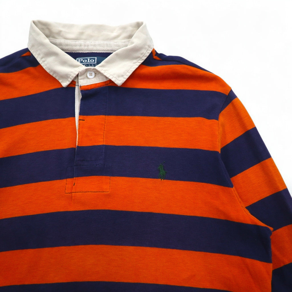 Polo by Ralph Lauren 90s Striped Rugby Shirt L Orange Navy CUSTOM FIT Small Pony Embroidery