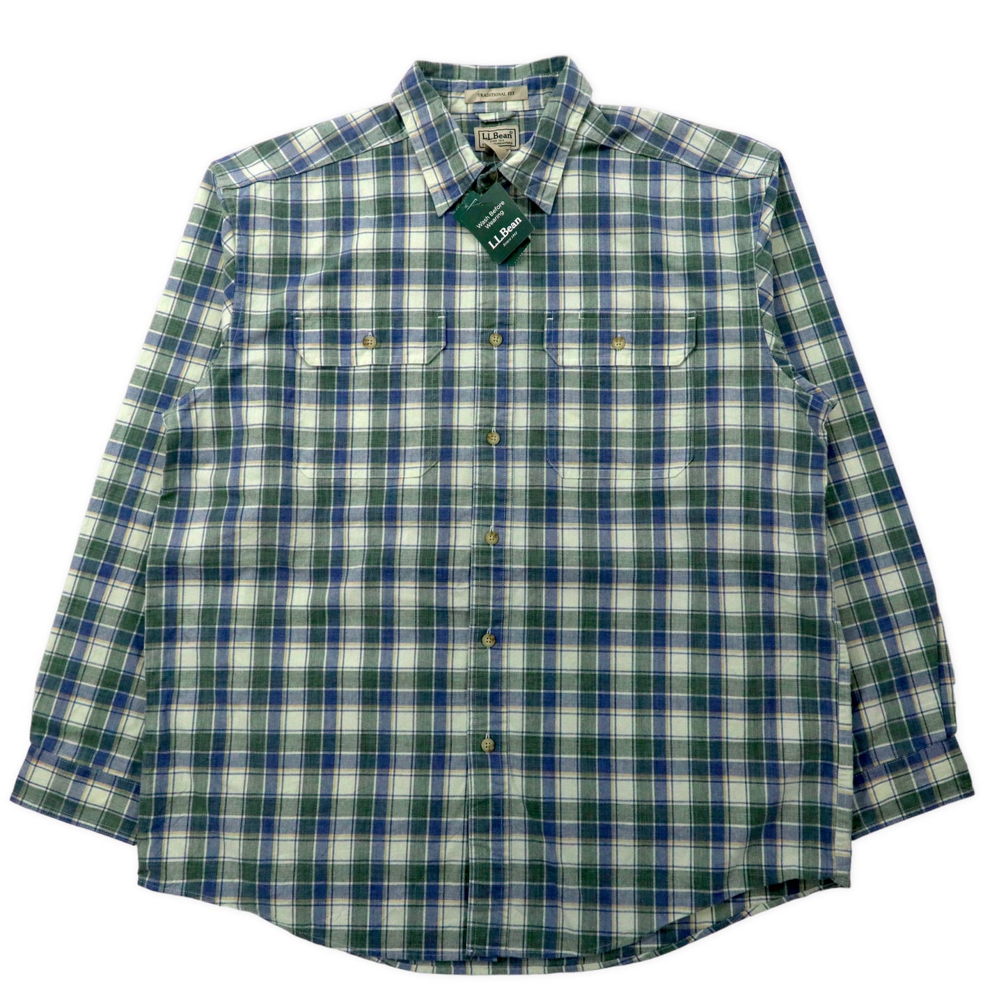 L.L.Bean サンウォッシュ キャンバス シャツ L ブルー チェック コットン TRADITIONAL FIT 286410 Sunwashd Cnvs Shirt 未使用品