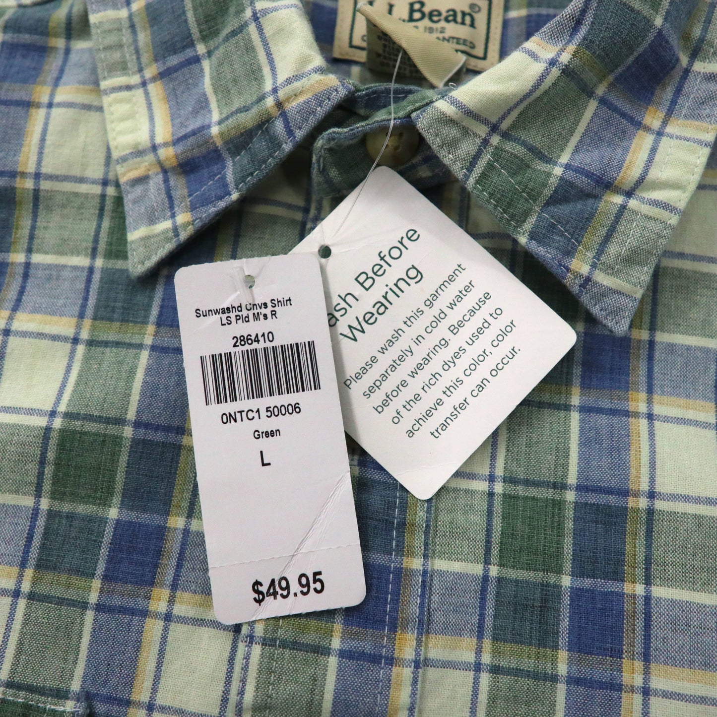 L.L.Bean サンウォッシュ キャンバス シャツ L ブルー チェック コットン TRADITIONAL FIT 286410 Sunwashd Cnvs Shirt 未使用品