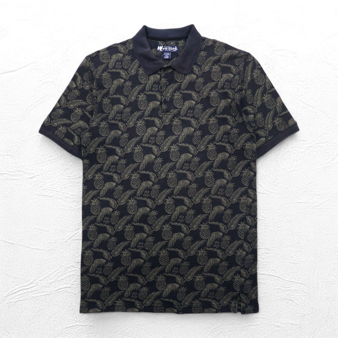Vintage 90s Polo Shirt BIG DOGS 90s Polo Shirt XL Black All-over Pineapple Botanical Big Size