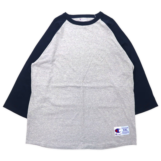 日本然リトテ-古着オンライン-Champion ラグランTシャツ XXL グレー ネイビー コットン バックプリント THE COVE ビッグサイズ-Champion Raglan T-SHIRT XXL Gray Navy Cotton Back Print the Cove Big Size