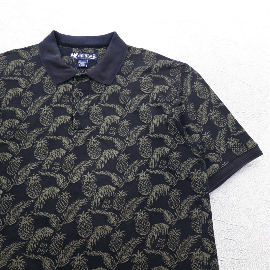 Vintage 90s Polo Shirt BIG DOGS 90s Polo Shirt XL Black All-over Pineapple Botanical Big Size