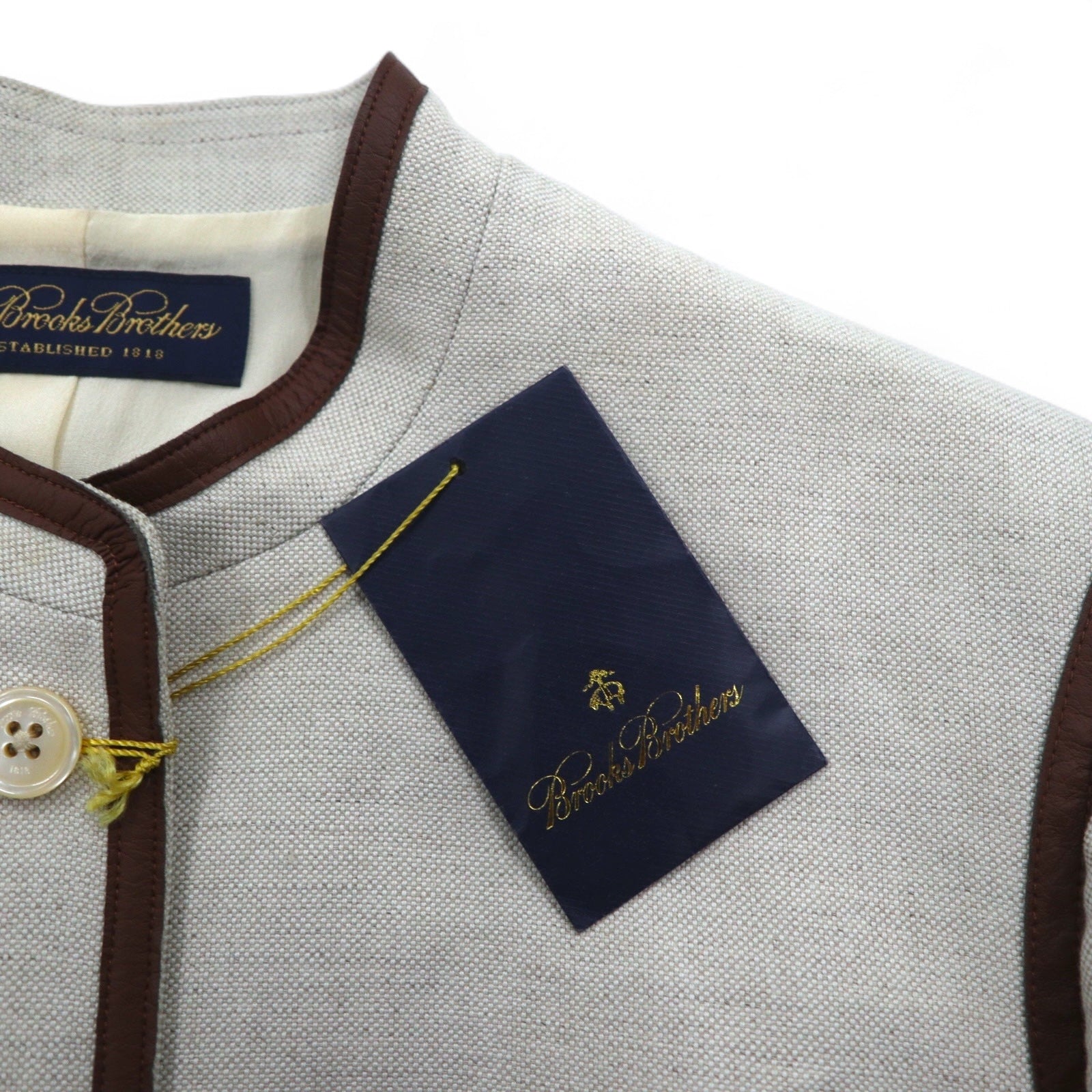 Brooks Brothers Mao collar Tyrolean jacket with piping, M, beige, linen blend, unused