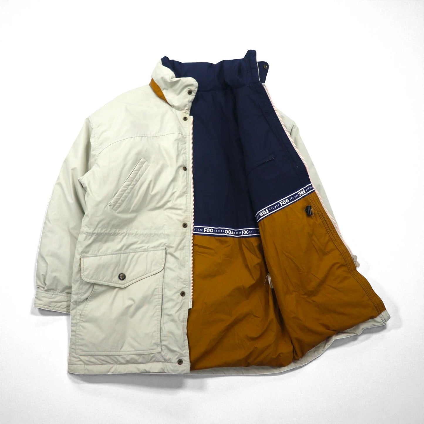 LONDON FOG 90s 65/35 Cross Stand Collar Down Jacket, Size 2XL, Beige, Drawcord