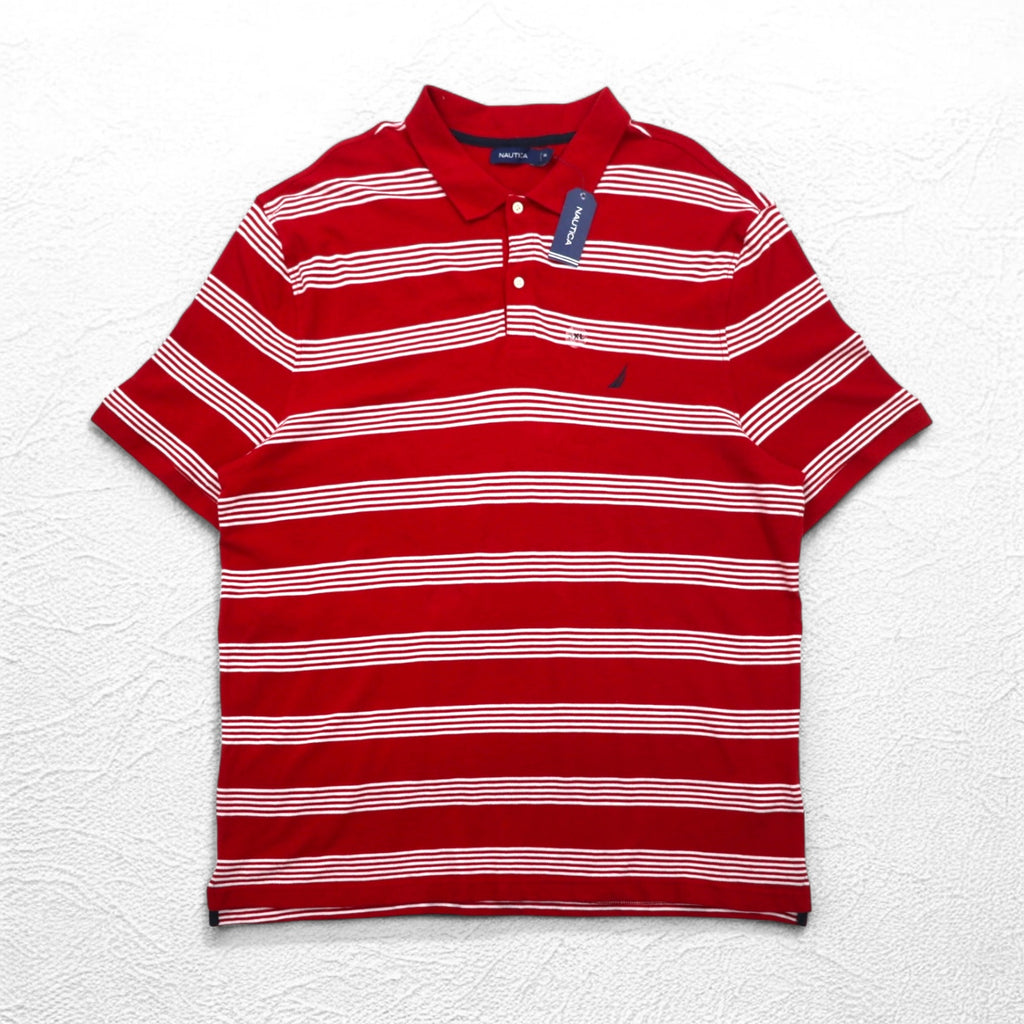 NAUTICA Big Size Striped Polo Shirt 3XL Red Cotton Pique One Point Logo Embroidery Unused