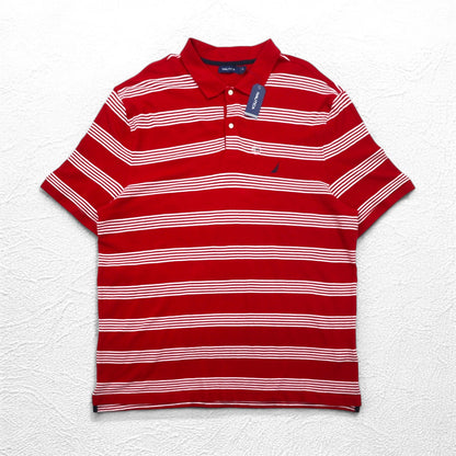 NAUTICA Big Size Striped Polo Shirt 3XL Red Cotton Pique One Point Logo Embroidery Unused