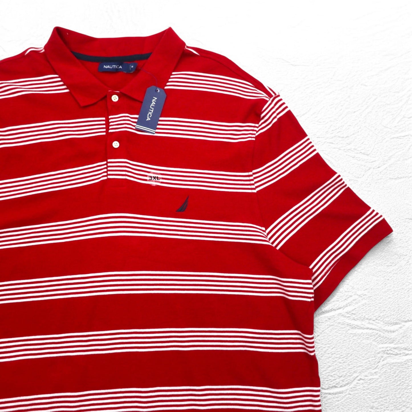 NAUTICA Big Size Striped Polo Shirt 3XL Red Cotton Pique One Point Logo Embroidery Unused