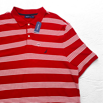 NAUTICA Big Size Striped Polo Shirt 3XL Red Cotton Pique One Point Logo Embroidery Unused