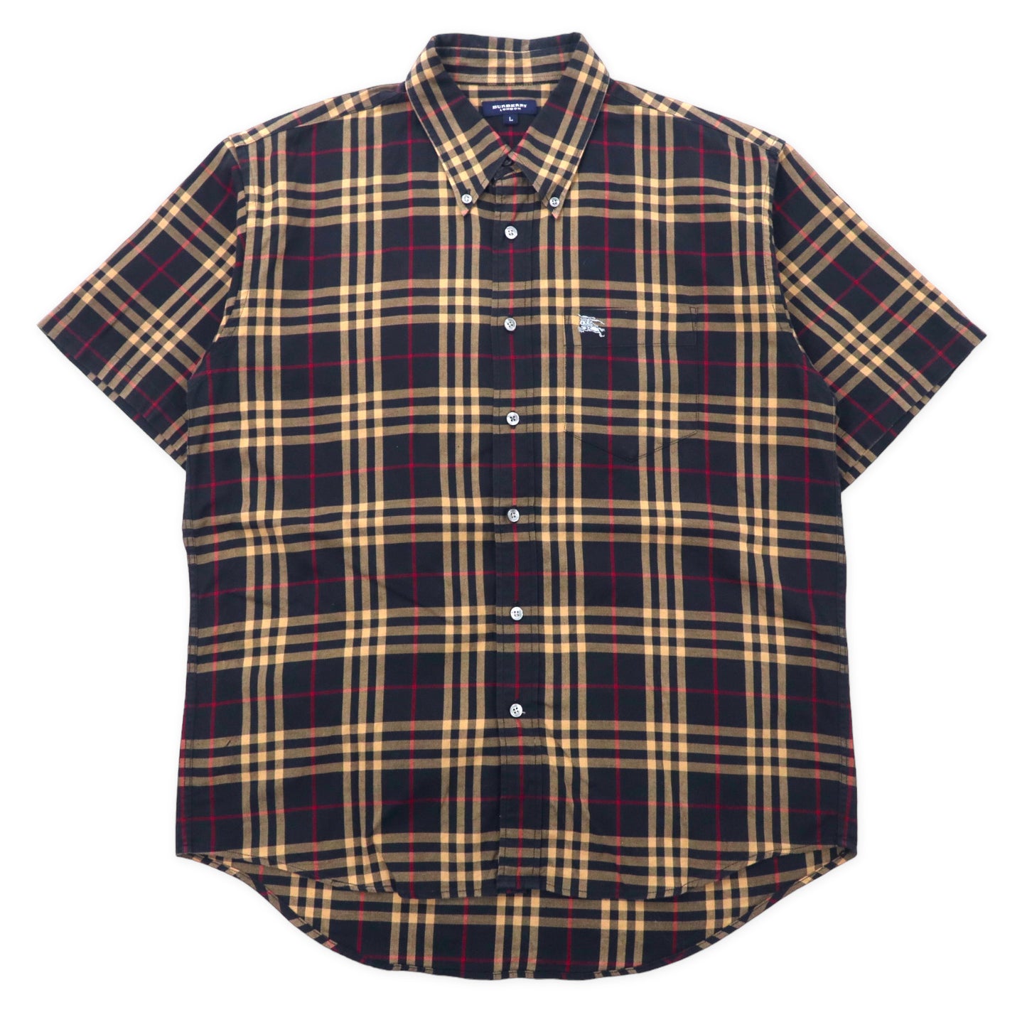 BURBERRY ノバチェック 半袖 ボタンダウンシャツ L ブラック コットン ワンポイントロゴ刺繍