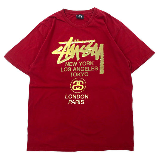 日本然リトテ-古着オンライン-stussy ワールドツアーTシャツ L レッド コットン 両面プリント ストックロゴ シャネルロゴ メキシコ製-STUSSY World Tour T-SHIRT L Red Cotton Double-sided Print Logo Mexico Made